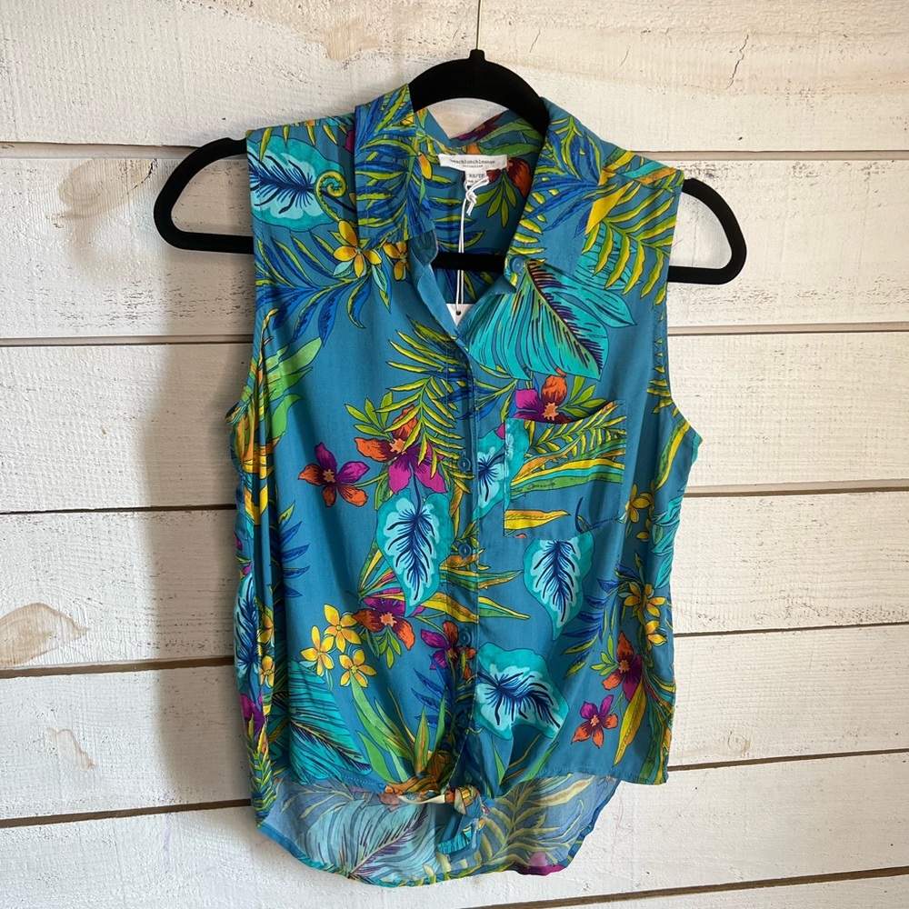 Beachlunchlounge Janera paradise teal button tie front top size x-small